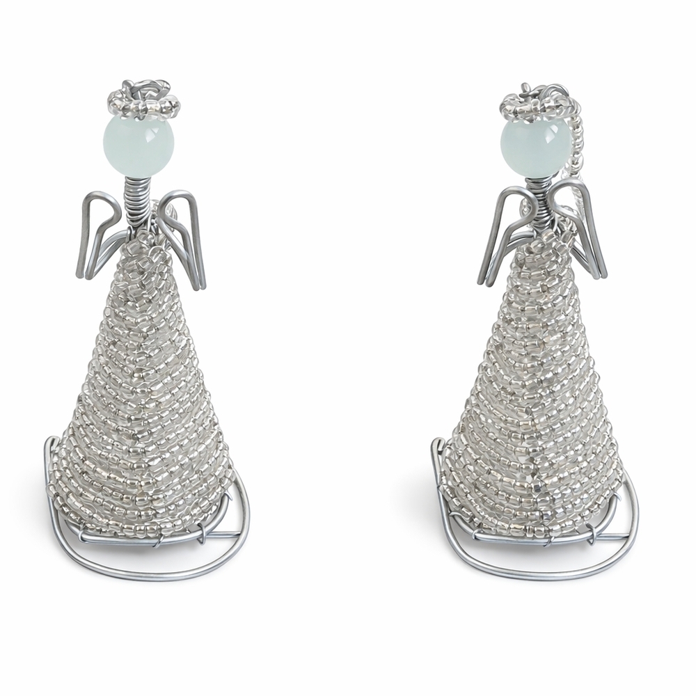 Handmade Wire & Beaded Angel Figurines Set of 2 Silver